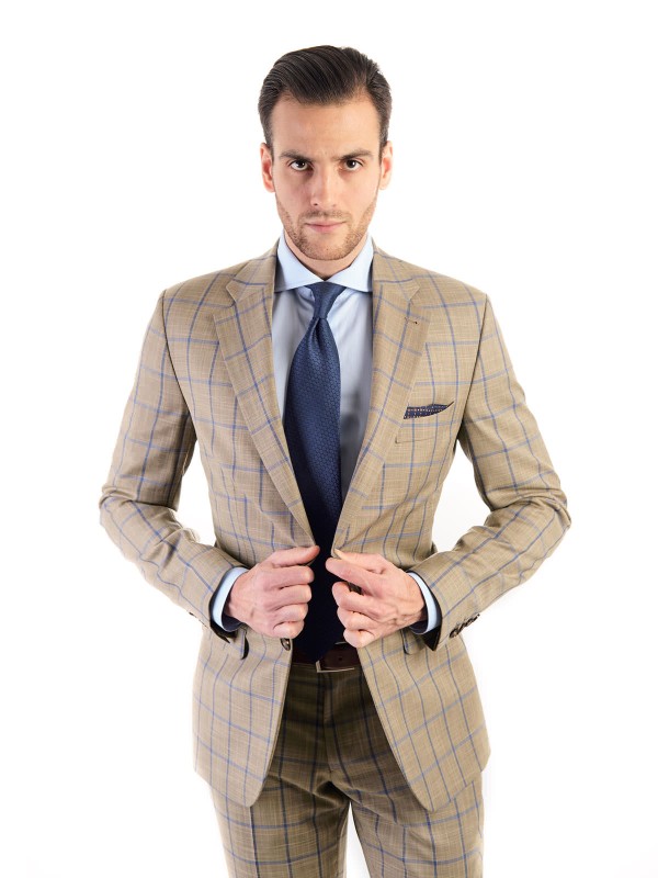 Beżowe spodnie w niebieską kratę windowpane 182/92