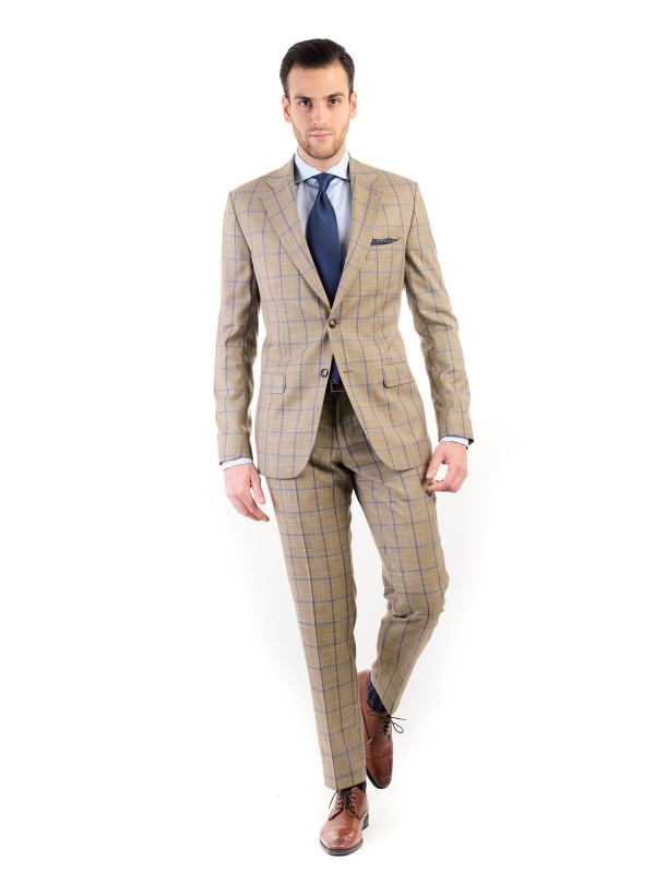 Beżowe spodnie w niebieską kratę windowpane 182/92