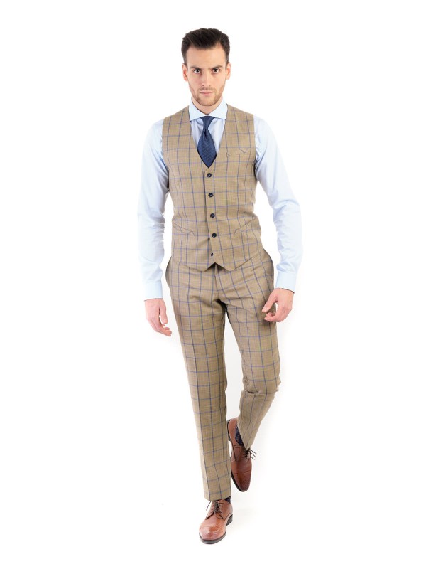 Beżowe spodnie w niebieską kratę windowpane 182/92