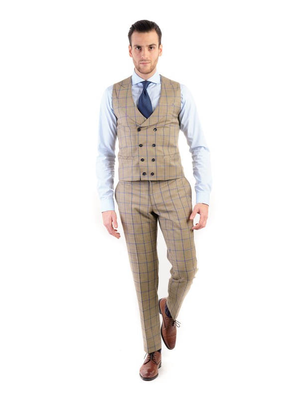Beżowe spodnie w niebieską kratę windowpane 182/92