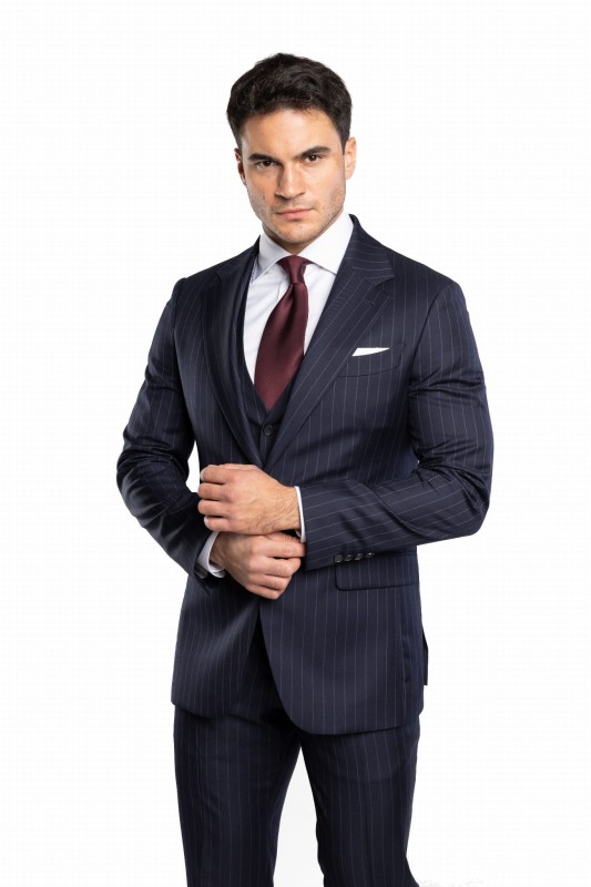 Granatowy wełniany garnitur w prążek TORINO szyty na miarę | kolekcja LUXURY