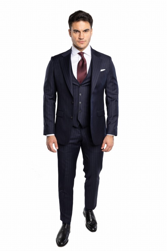 Granatowy wełniany garnitur w prążek TORINO szyty na miarę | kolekcja LUXURY