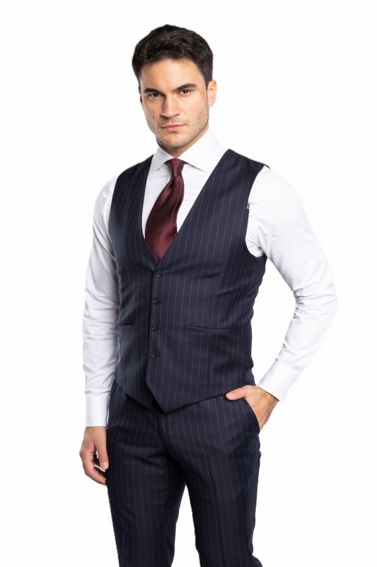 Granatowy wełniany garnitur w prążek TORINO szyty na miarę | kolekcja LUXURY