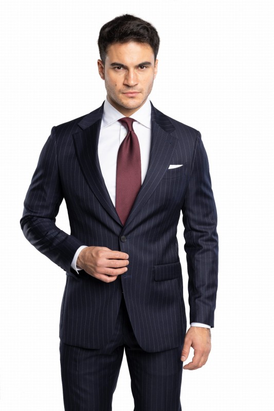 Granatowy wełniany garnitur w prążek TORINO szyty na miarę | kolekcja LUXURY