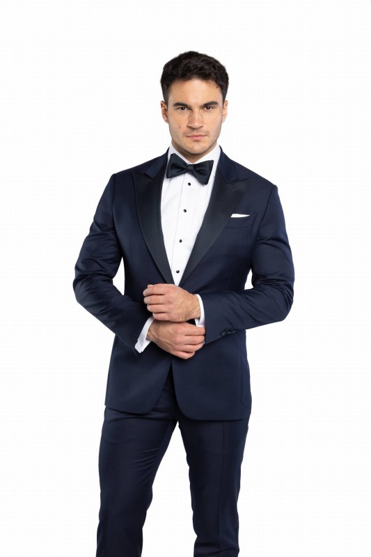 Granatowy wełniany smoking VITERBO z atłasowymi klapami w szpic szyty na miarę | kolekcja LUXURY