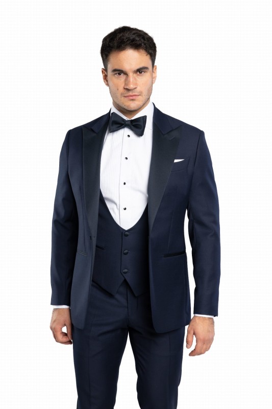 Granatowy wełniany smoking VITERBO z atłasowymi klapami w szpic szyty na miarę | kolekcja LUXURY