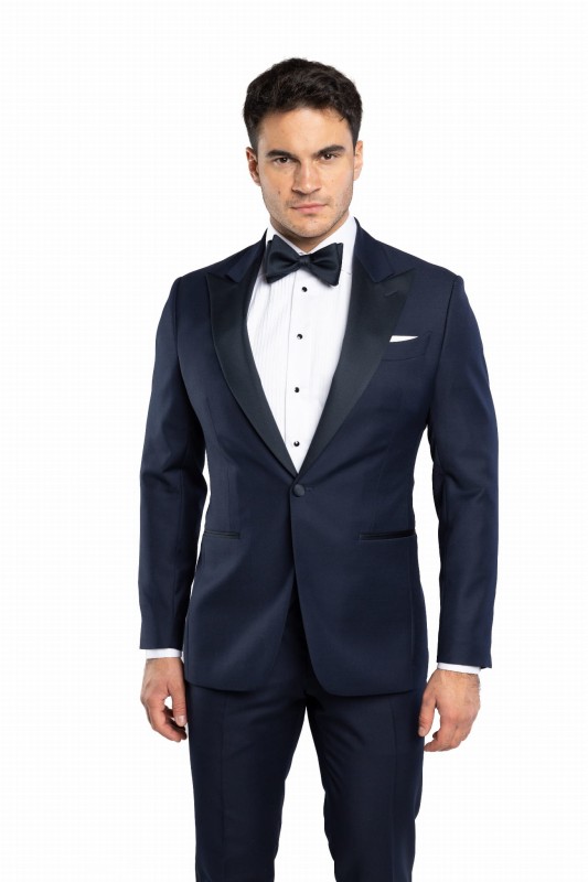 Granatowy wełniany smoking VITERBO z atłasowymi klapami w szpic szyty na miarę | kolekcja LUXURY