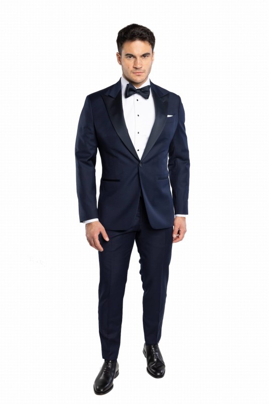Granatowy wełniany smoking VITERBO z atłasowymi klapami w szpic szyty na miarę | kolekcja LUXURY