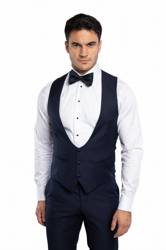 Granatowy wełniany smoking VITERBO z atłasowymi klapami w szpic szyty na miarę | kolekcja LUXURY