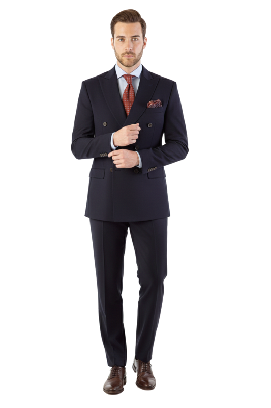 Ciemnogranatowy dwurzędowy garnitur męski