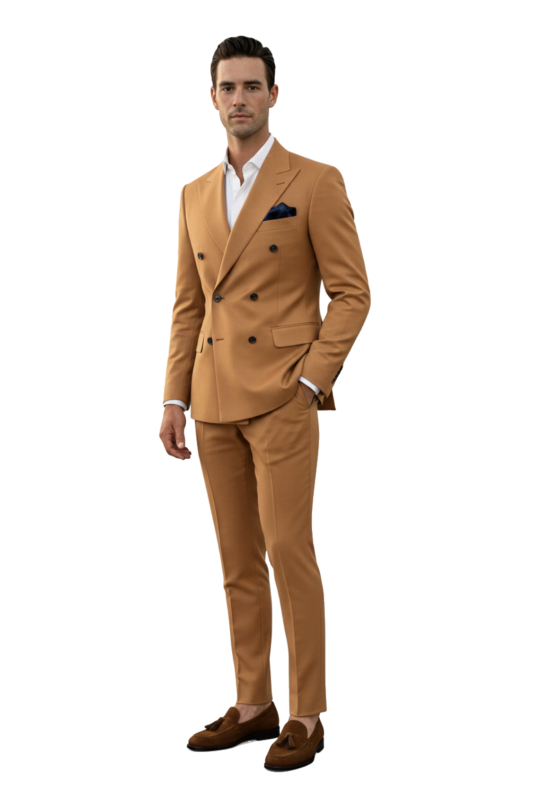Camelowy dwurzędowy garnitur męski CORTINA szyty na miarę