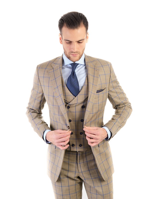 Beżowa męska kamizelka dwurzędowa w niebieską kratę windowpane szyta na miarę