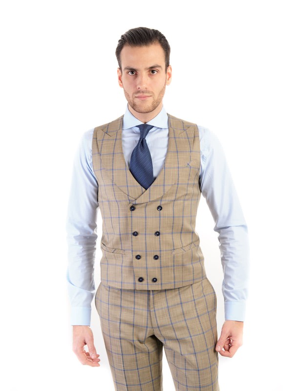 Beżowa męska kamizelka dwurzędowa w niebieską kratę windowpane szyta na miarę